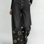 High-waisted Loose-fit Denim Jeans With Cutout Detailing And Metal Eyelets