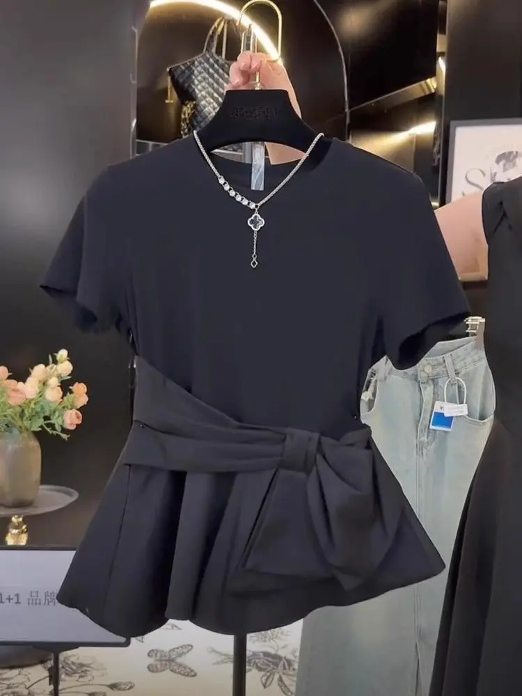 Waist-cinching Slim Fit Bow Detail Short Sleeve T-Shirt
