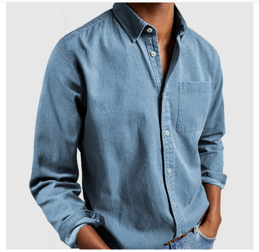Men’s Long Sleeve Lapel Shirt in Solid Cotton-Blend - Regular Fit Men’s Long Sleeve Lapel Shirt in Solid Cotton-Blend - Regular Fit