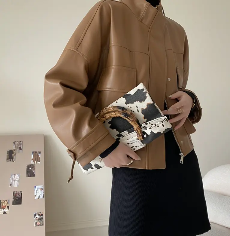 Brown Women’s Faux Leather Jacket Stand-Up Collar Brown Women’s Faux Leather Jacket Stand-Up Collar