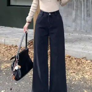 Black High-Waisted Wide-Leg Jeans for Women with Slight Stretch