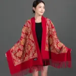 Embroidered Faux Cashmere Shawl Scarf with Tassels
