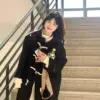 Long Black Toggle Button Wool Coat Women's Woolen Coat