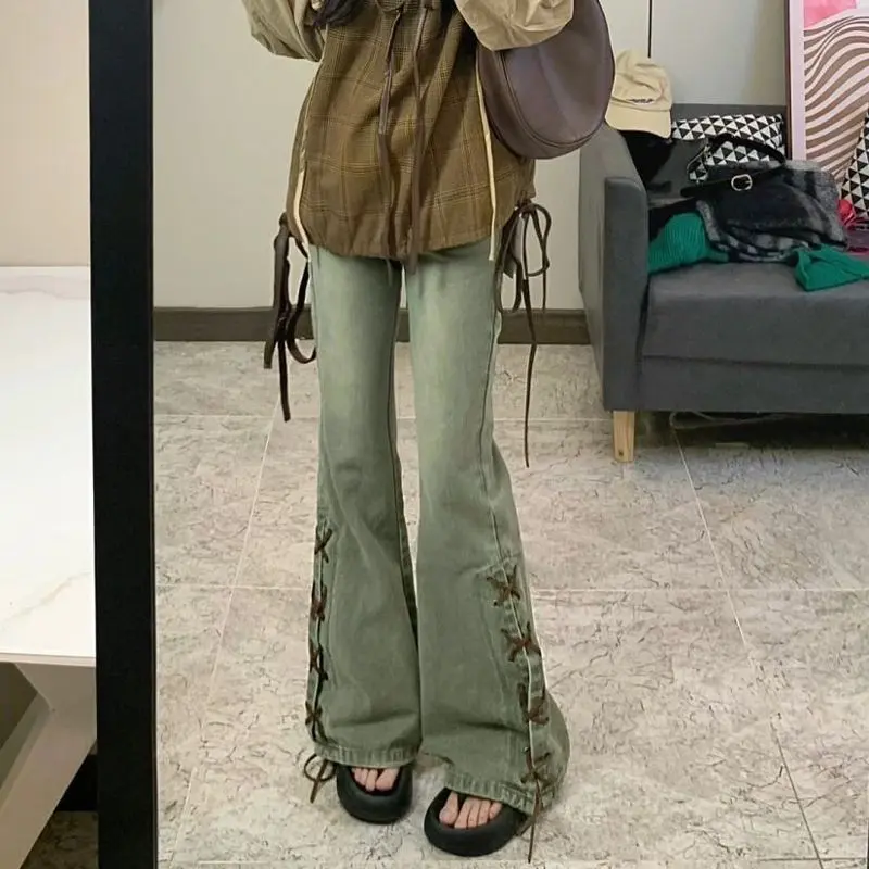 Stretchy Retro Green Wide-Leg Denim Pants for Women
