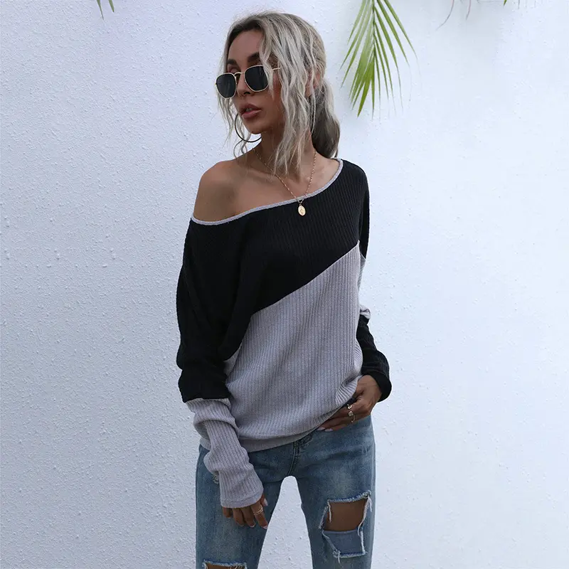 Loose-fitting Spliced Off-shoulder Pullover Contrast-color Long-sleeve T-shirt