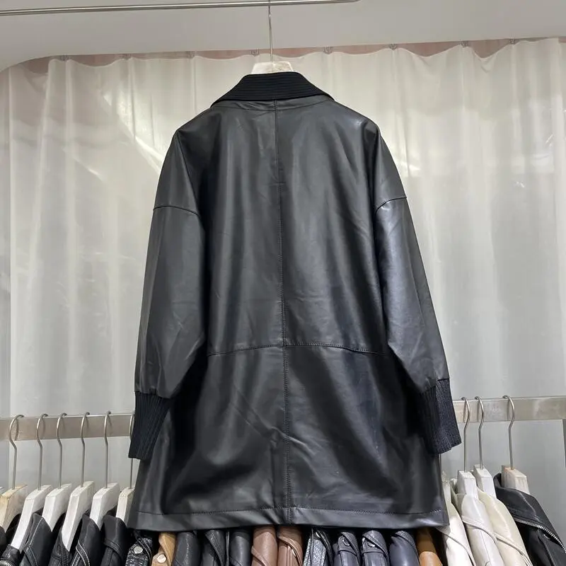 Knitted Stitch Mid-Length Women’s Faux Leather Coat