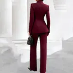 Structured Office Double-Breasted Coat, Wine Red Long Sleeve