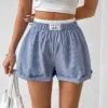 High-Waist Elastic Blue Buttoned Loose Shorts for Women High-Waist Elastic Blue Buttoned Loose Shorts for Women