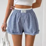 High-Waist Elastic Blue Buttoned Loose Shorts for Women