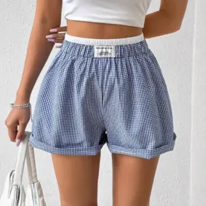 High-Waist Elastic Blue Buttoned Loose Shorts for Women
