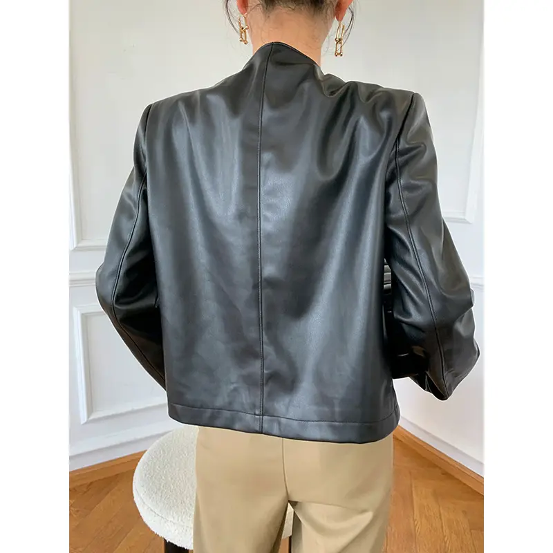 Sleek Black Faux Leather Cardigan Jacket, Round Neck Fit Sleek Black Faux Leather Cardigan Jacket, Round Neck Fit