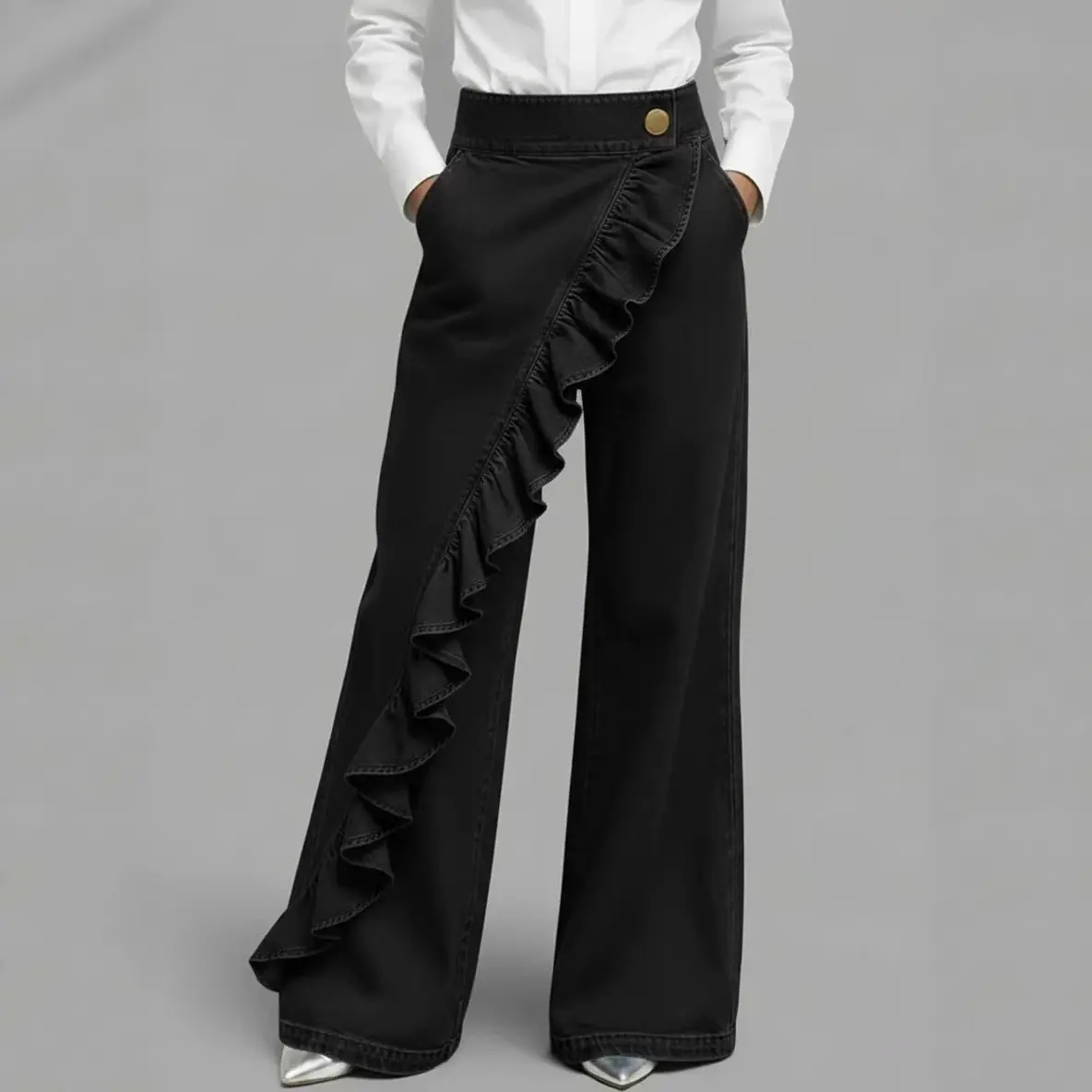 Vintage High-Waist A-Line Denim Trousers with Buttons