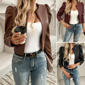 Versatile Solid Color Women’s Leather Cardigan Coat