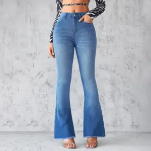 High-Waist Flared Denim Jeans for Women with Distressed Finish