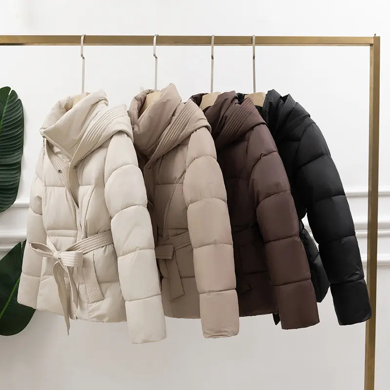 Women’s Slim-Fit Belted Puffer Coat with Hooded Drawstring Women’s Slim-Fit Belted Puffer Coat with Hooded Drawstring