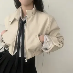 Retro Zipped Stand Collar Leather Jacket for Women - Elastic Waist