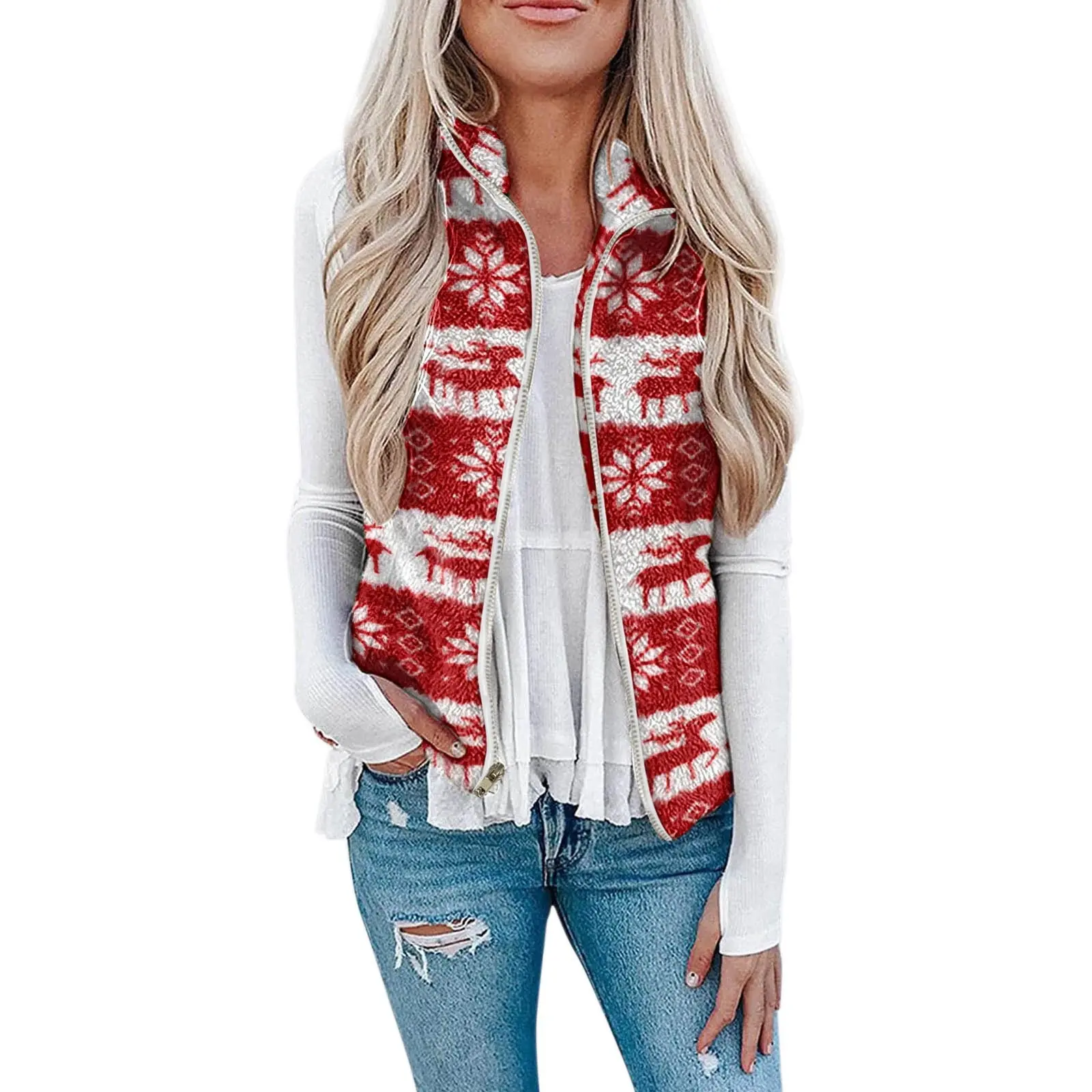 Festive Plush Printed Women’s Christmas Vest, Polyester