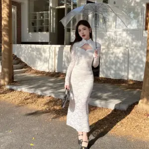 Socialite Style Gentle Lady Lace Long Dress European And American Style Hollow Small Stand Collar