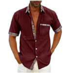 Contrast Button-Up Short Sleeve Shirt for Men - Lapel