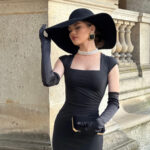 Stretchy Black Square Neck Hip Wrap Midi Dress with Gloves