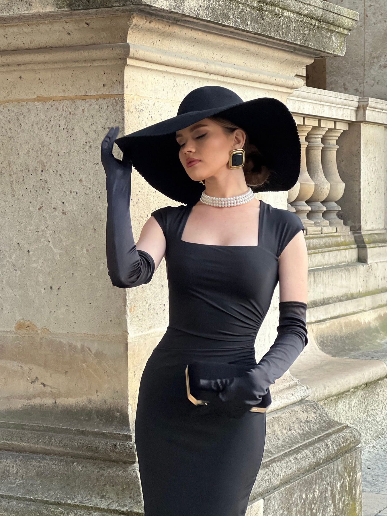 Stretchy Black Square Neck Hip Wrap Midi Dress with Gloves
