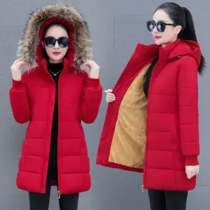 Warm Women’s Mid-Length Padded Coat with Detachable Hood and Fur Collar