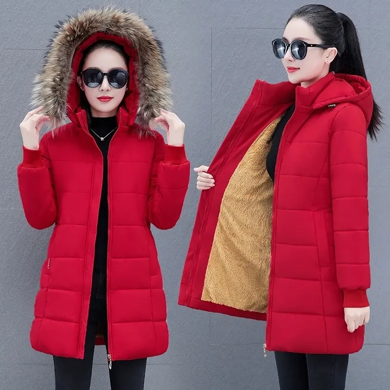 Warm Women’s Mid-Length Padded Coat with Detachable Hood and Fur Collar