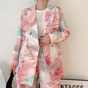 Graffiti Printed Double-Breasted Blazer for Women - Polyester