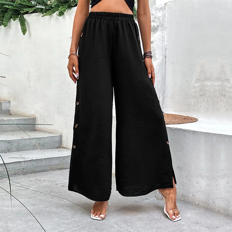 Breathable Black Wide-Leg Split Pants for Women - High Waist