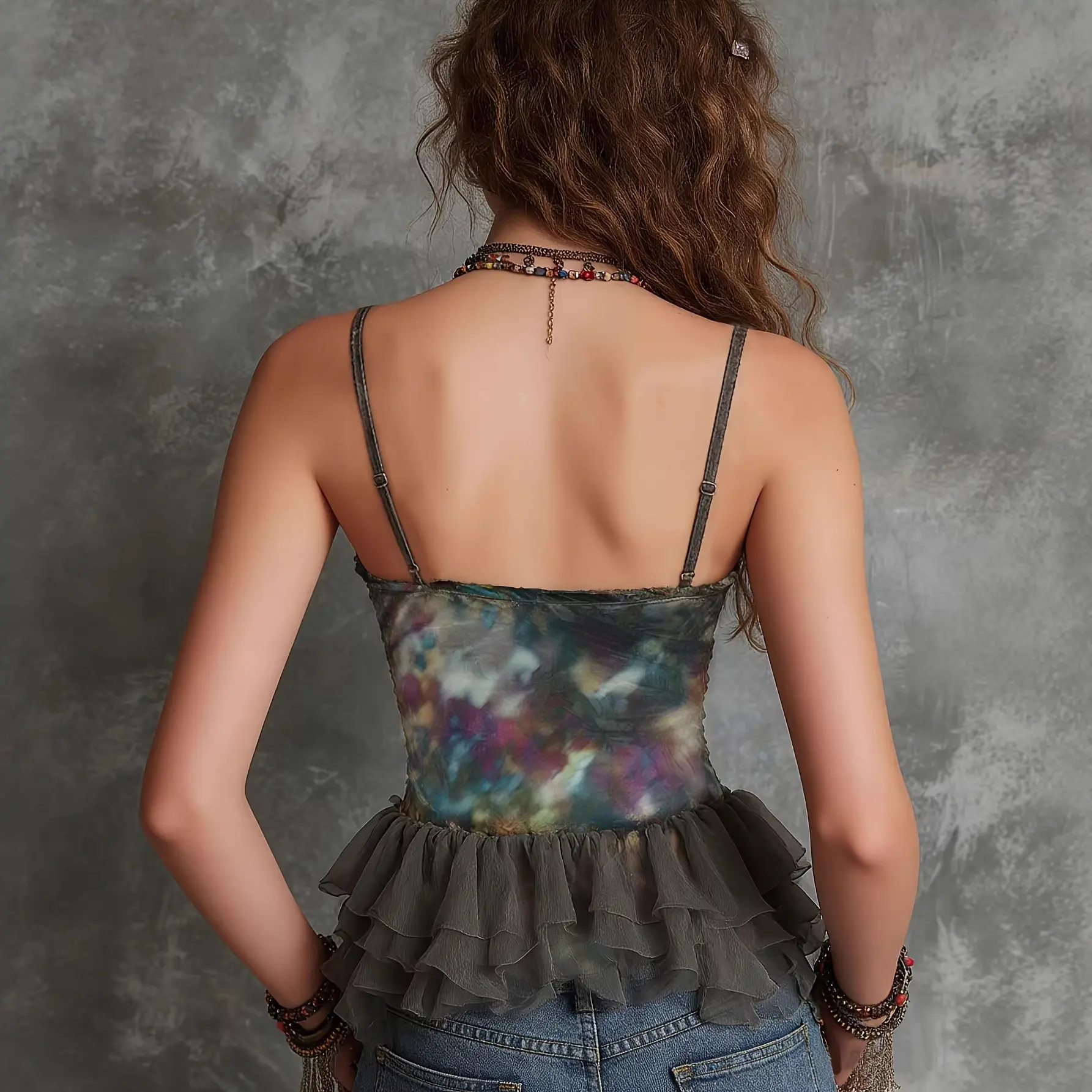 Printed Top Fashionable And Sexy With Ruffled Mesh Trim