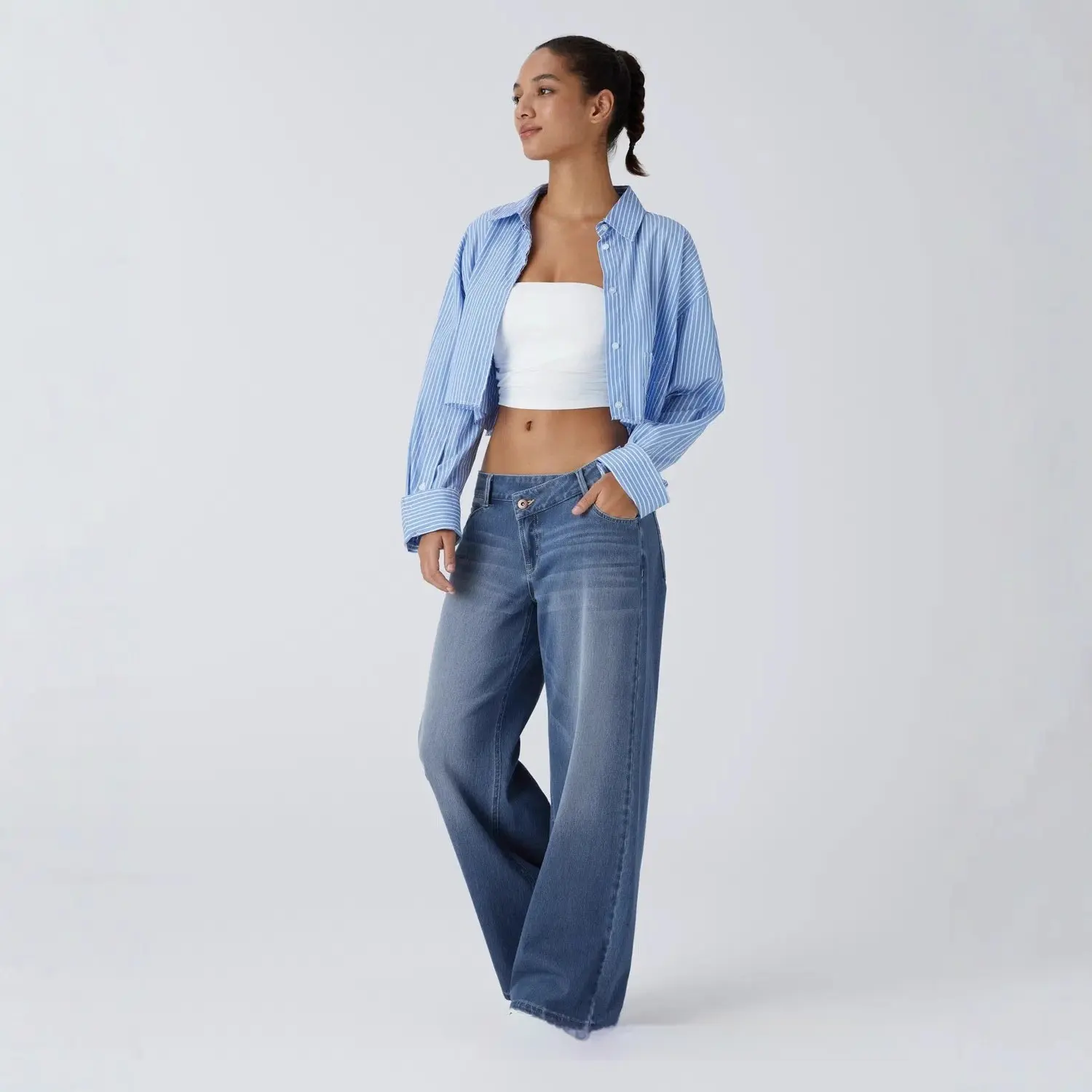 Washed Asymmetric Low-Rise Loose-Fit Denim Jeans for Women