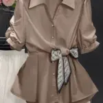 Short-sleeve Top Petite Shirt Fitted-waist Blouse
