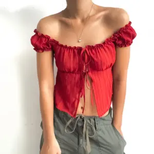 Red Puff Sleeve Tied Top for Women, Slim Fit Pullover