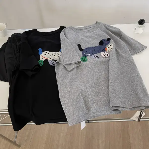 Heavy-duty 3D Embroidered Puppy Crewneck Short-sleeve Womens Top